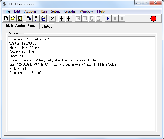 17 CCD Commander session.png - Here is a sample CCD Commander script.  It waits for the sky to get dark, then slews the scope to a star for focusing, then slews back to my target.  Just to make sure the scope got there, it takes a picture and plate solves it to refine the aim if necessary.  Finally it takes 12 pictures, then parks the scope.